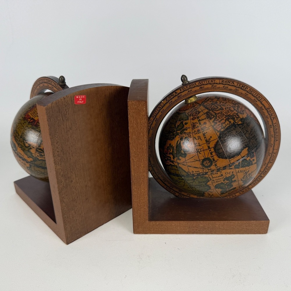 Vintage Pair of Zona Torrida Desktop Bookcase Wood Globe Book Ends Made in Italy - Picture 3 of 5